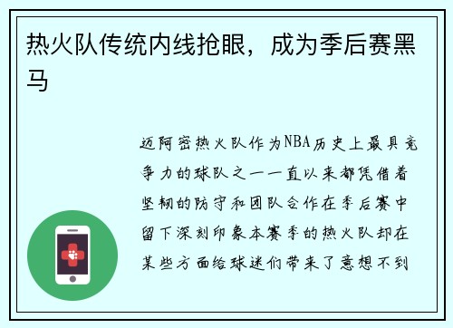 热火队传统内线抢眼，成为季后赛黑马